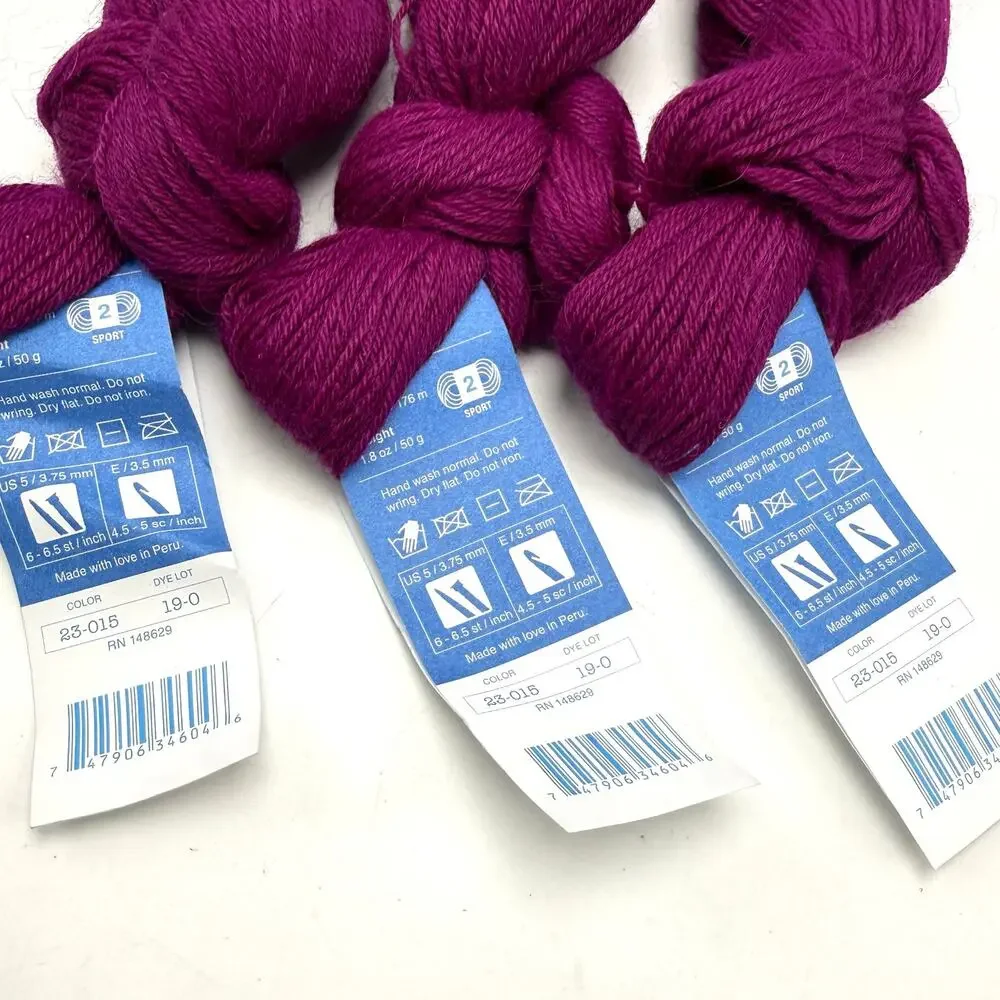 Cloudborn Alpaca Sport Yarn Magenta Lot of 3 Hanks Skeins 50g Peru 100% Alpaca